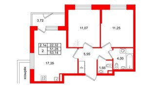 Квартира в ЖК «Парадный ансамбль», 2 комнатная, 51.28 м², 1 этаж