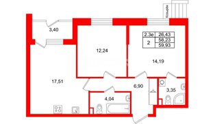 Квартира в ЖК «Парадный ансамбль», 2 комнатная, 58.23 м², 1 этаж