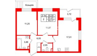 Квартира в ЖК «Парадный ансамбль», 2 комнатная, 51.31 м², 1 этаж