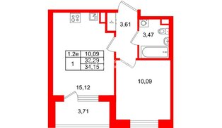Квартира в ЖК «Парадный ансамбль», 1 комнатная, 32.29 м², 2 этаж
