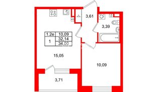 Квартира в ЖК «Парадный ансамбль», 1 комнатная, 32.14 м², 4 этаж
