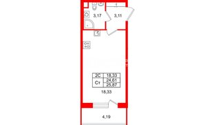Квартира в ЖК «Парадный ансамбль», студия, 24.61 м², 2 этаж