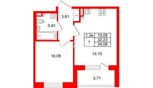 Квартира в ЖК «Парадный ансамбль», 1 комнатная, 32.23 м², 3 этаж