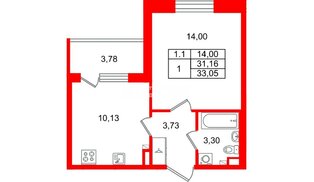 Квартира в ЖК «Парадный ансамбль», 1 комнатная, 31.16 м², 2 этаж