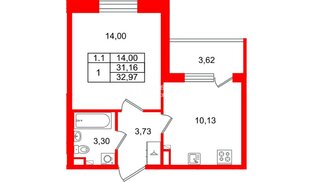 Квартира в ЖК «Парадный ансамбль», 1 комнатная, 31.16 м², 2 этаж