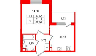 Квартира в ЖК «Парадный ансамбль», 1 комнатная, 31.11 м², 3 этаж