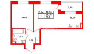 Квартира в ЖК «Парадный ансамбль», 1 комнатная, 36.36 м², 3 этаж
