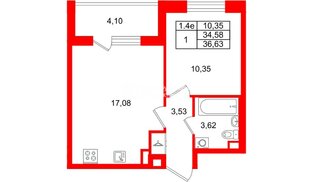 Квартира в ЖК «Парадный ансамбль», 1 комнатная, 34.58 м², 2 этаж