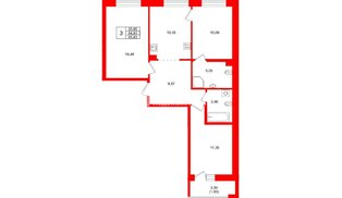 Квартира в ЖК Город спутник Южный, 3 комнатная, 65.83 м², 2 этаж