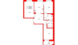 Квартира в ЖК Город спутник Южный, 3 комнатная, 65.19 м², 3 этаж