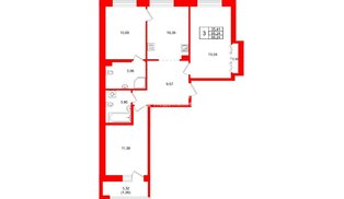 Квартира в ЖК Город спутник Южный, 3 комнатная, 66.24 м², 2 этаж