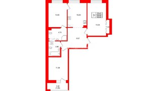 Квартира в ЖК Город спутник Южный, 3 комнатная, 65.6 м², 3 этаж