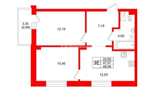 Квартира в ЖК «Город спутник Южный», 2 комнатная, 48.06 м², 5 этаж