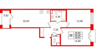 Квартира в ЖК Дом на Курской, 2 комнатная, 60.35 м², 7 этаж