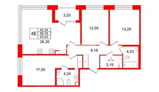 Квартира в ЖК «Дом на Курской», 3 комнатная, 89.78 м², 3 этаж