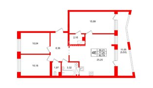 Квартира в ЖК «Город спутник Южный», 3 комнатная, 82.79 м², 9 этаж