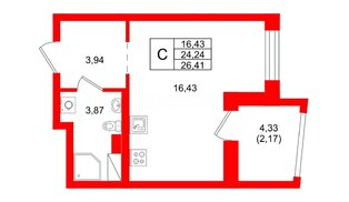 Квартира в ЖК «Город спутник Южный», студия, 26.41 м², 10 этаж