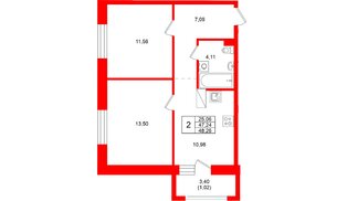 Квартира в ЖК «Город спутник Южный», 2 комнатная, 48.26 м², 8 этаж