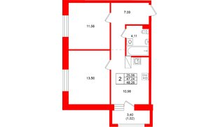 Квартира в ЖК «Город спутник Южный», 2 комнатная, 48.26 м², 10 этаж