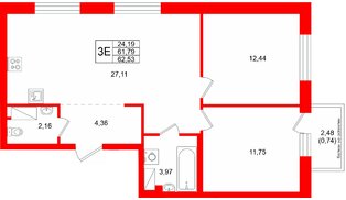 Квартира в ЖК «Город спутник Южный», 2 комнатная, 62.53 м², 4 этаж