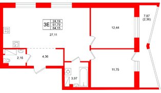 Квартира в ЖК «Город спутник Южный», 2 комнатная, 64.15 м², 8 этаж