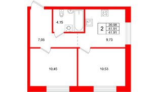 Квартира в ЖК «Город спутник Южный», 2 комнатная, 41.91 м², 2 этаж