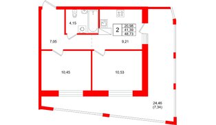Квартира в ЖК «Город спутник Южный», 2 комнатная, 48.73 м², 7 этаж