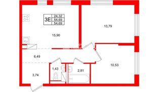 Квартира в ЖК Квартал Торики, 2 комнатная, 54.69 м², 4 этаж