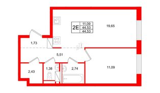 Квартира в ЖК Квартал Торики, 1 комнатная, 44.53 м², 2 этаж