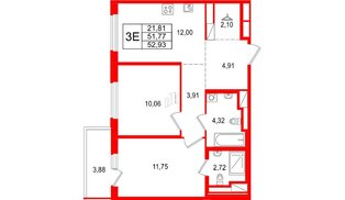 Квартира в ЖК 'OKLA', 2 комнатная, 52.93 м², 2 этаж