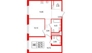 Квартира в ЖК 'OKLA', 2 комнатная, 56.76 м², 1 этаж
