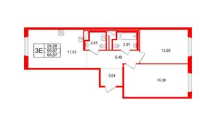 Квартира в ЖК «ОКЛА», 2 комнатная, 60.87 м², 1 этаж