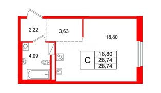 Квартира в ЖК 'OKLA', студия, 28.74 м², 1 этаж