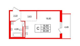 Квартира в ЖК 'OKLA', студия, 30.09 м², 6 этаж