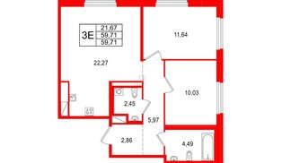 Квартира в ЖК 'OKLA', 2 комнатная, 59.71 м², 1 этаж