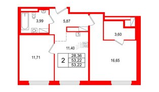 Квартира в ЖК 'OKLA', 2 комнатная, 53.22 м², 1 этаж