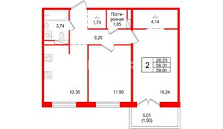 Квартира в ЖК «Арт Парк», 2 комнатная, 59.81 м², 7 этаж