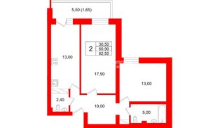 Квартира в ЖК «Экос», 2 комнатная, 62.4 м², 7 этаж