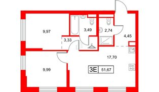 Квартира в ЖК Заречный парк, 2 комнатная, 51.67 м², 1 этаж
