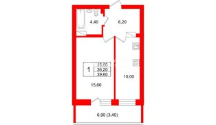 Квартира в ЖК Экос, 1 комнатная, 38.9 м², 2 этаж