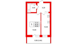 Квартира в ЖК Экос, 1 комнатная, 39.1 м², 3 этаж