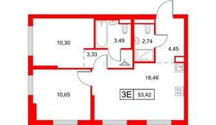Квартира в ЖК Заречный парк, 2 комнатная, 53.42 м², 9 этаж