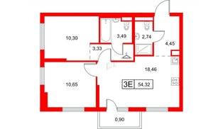 Квартира в ЖК Заречный парк, 2 комнатная, 54.32 м², 14 этаж