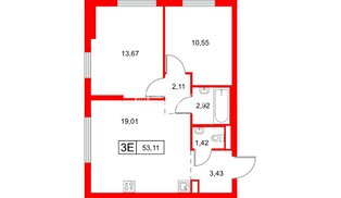 Квартира в ЖК «Заречный парк», 2 комнатная, 53.11 м², 11 этаж