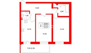 Квартира в ЖК Экос, 2 комнатная, 64.05 м², 18 этаж
