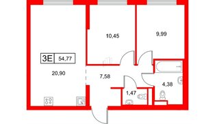 Квартира в ЖК Заречный парк, 2 комнатная, 54.77 м², 9 этаж