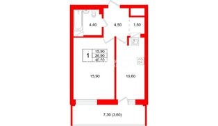 Квартира в ЖК Экос, 1 комнатная, 41.45 м², 5 этаж