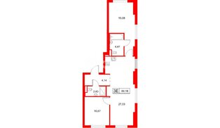 Квартира в ЖК «Заречный парк», 2 комнатная, 64.16 м², 9 этаж