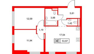 Квартира в ЖК Заречный парк, 2 комнатная, 53.87 м², 14 этаж