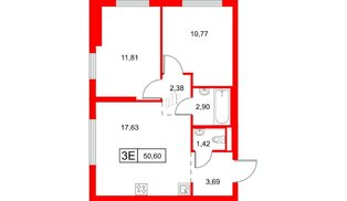 Квартира в ЖК Заречный парк, 2 комнатная, 50.6 м², 12 этаж
